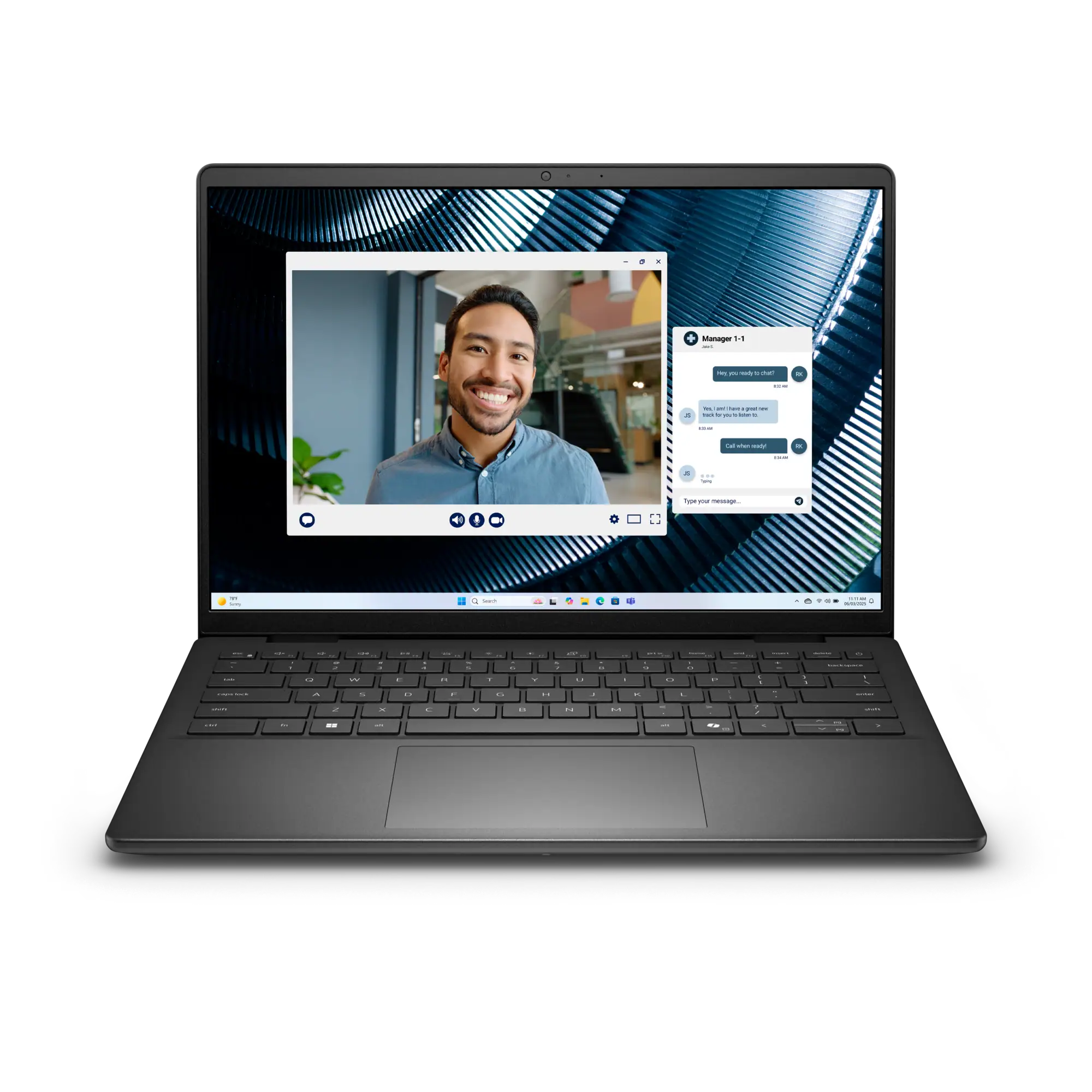 Przedstawiono wideokonferencją w laptopie Dell, pokazanym z frontu