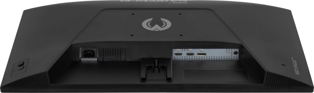 Tylna część monitora iiyama G-MASTER Red Eagle z widocznymi portami HDMI, DisplayPort oraz złączem zasilania, a także logiem marki na obudowie