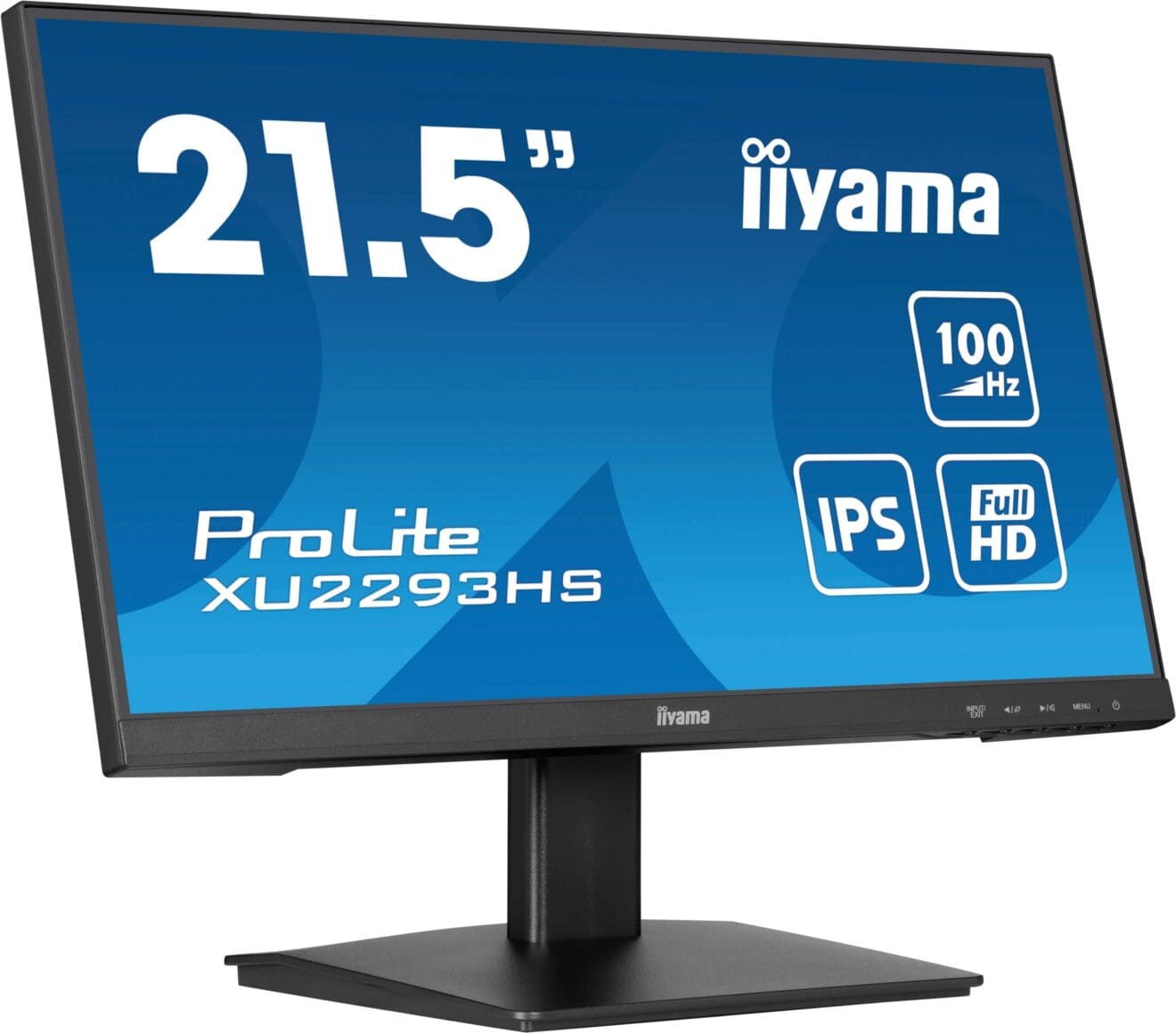 Monitor iiyama ProLite XU2293HS-B6 stoi na stabilnej podstawie i prezentuje ekran z oznaczeniami 21.5 cala 100 Hz IPS oraz Full HD na niebieskim tle