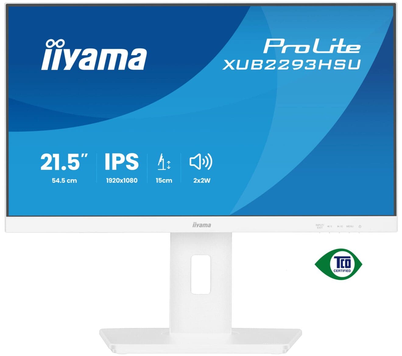 Zdjęcie przedstawia przednią część monitora iiyama ProLite XUB2293HSU z ekranem 21,5 cala, rozdzielczością IPS 1920x1080 oraz certyfikatem TCO