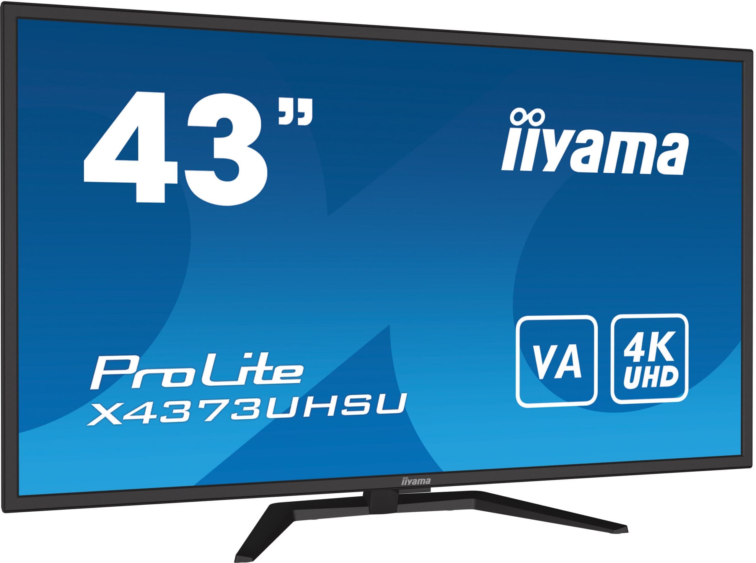 Zdjęcie przedstawia monitor pod kątem, z widocznym ekranem wyświetlającym logo iiyama, rozmiar 43 cale oraz informacje o rozdzielczości 4K UHD i technologii VA