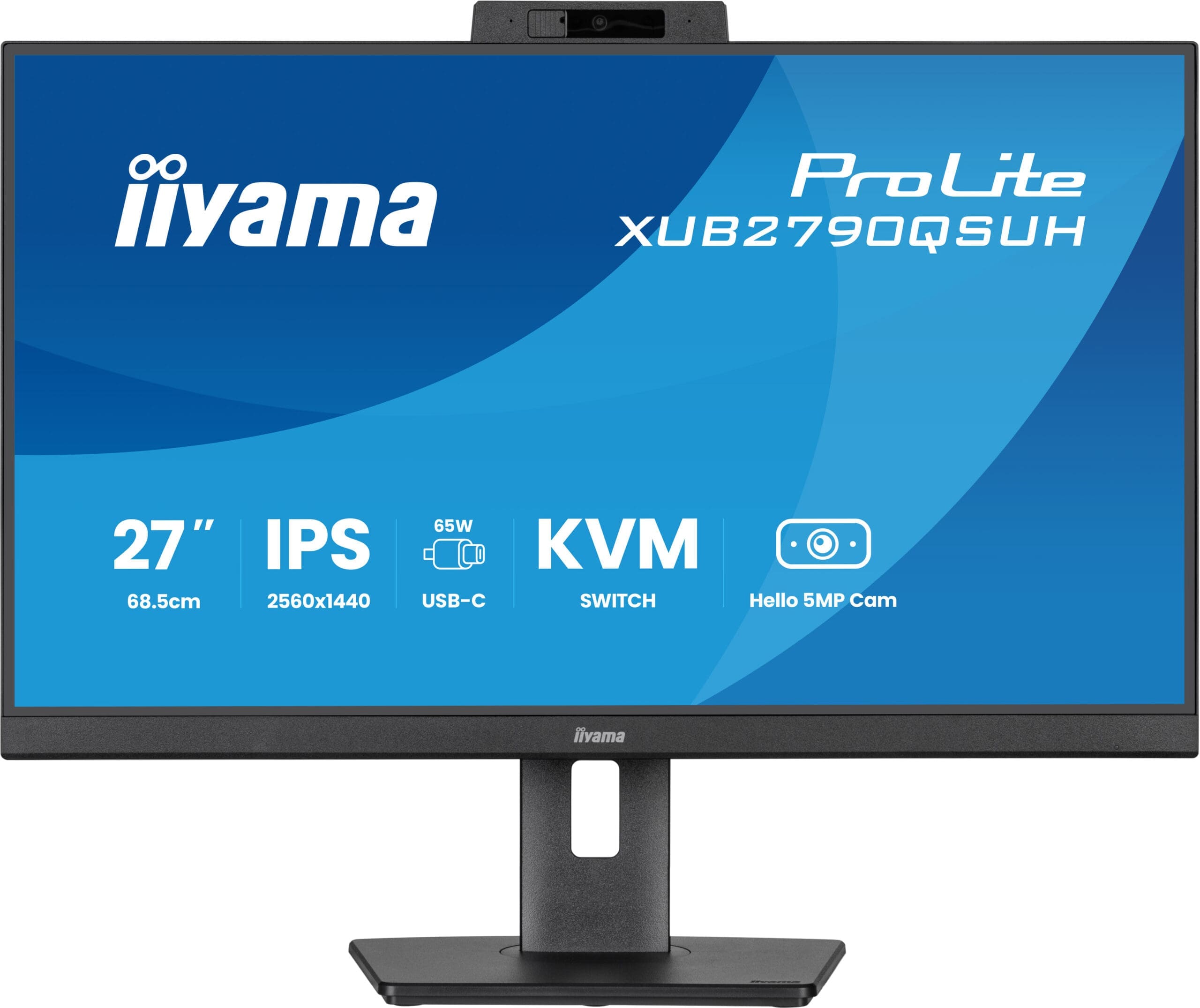 Zdjęcie przedstawia monitor marki iiyama ProLite XUB2790QSUH z przodu, wyświetlający jego podstawowe parametry, takie jak 27-calowy ekran IPS, rozdzielczość 2560x1440, USB-C, KVM switch oraz wbudowaną kamerę Hello 5MP