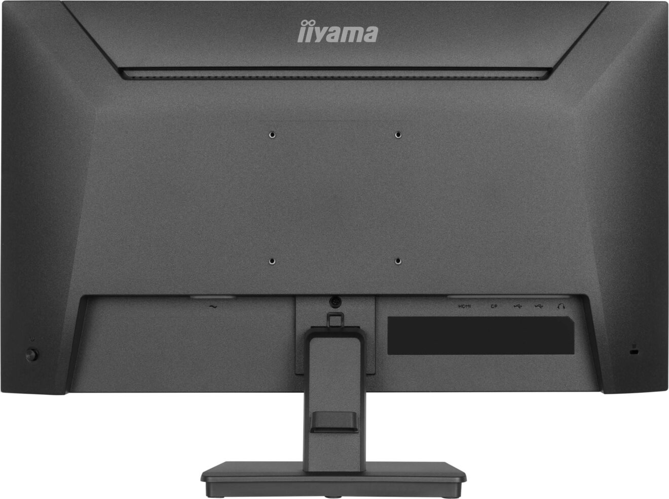 Monitor IPS 120 Hz 24 cale z hubem USB Zdjęcie przedstawia tylną część monitora iiyama z widocznym uchwytem i oznaczeniami portów u dołu