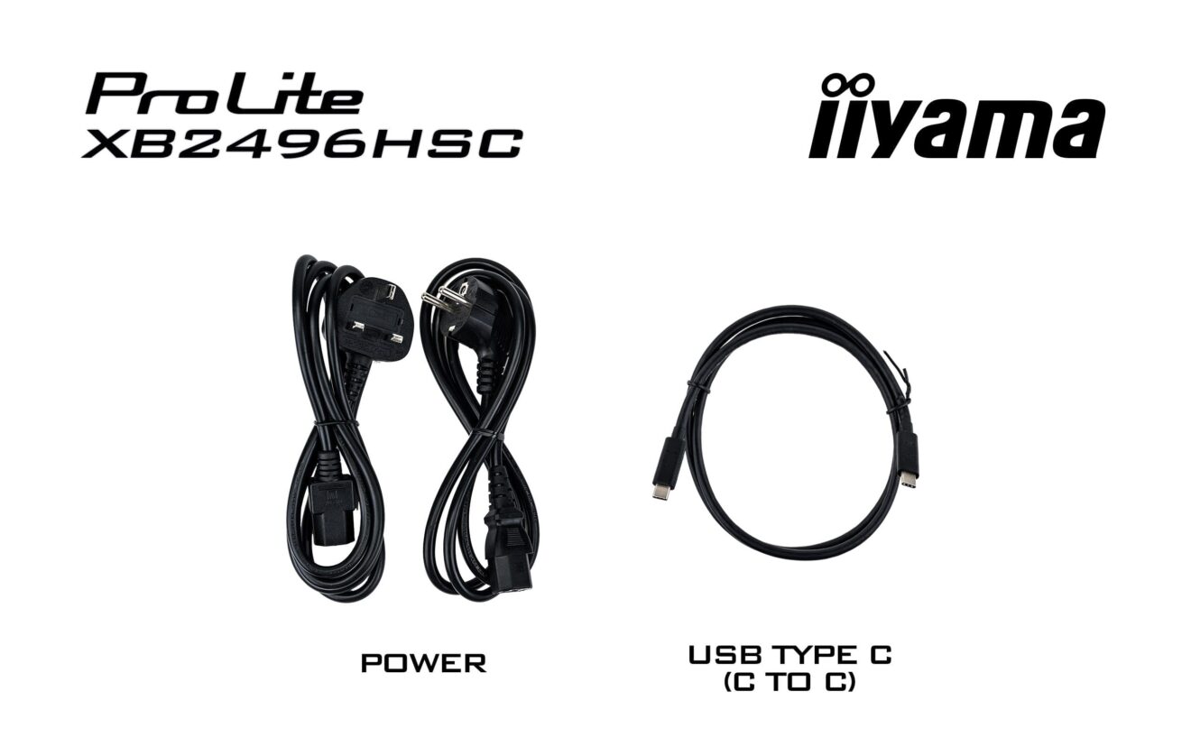 Zdjęcie ukazuje kable dołączone do monitora zasilający i USB Type-C