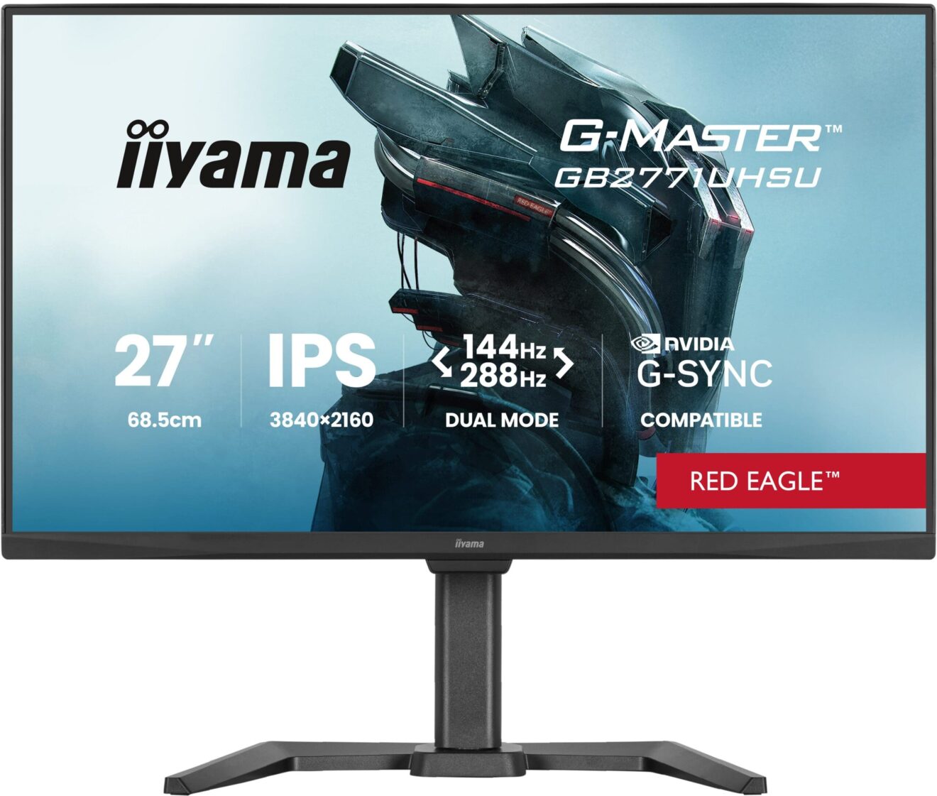 Zdjęcie przedstawia 27 calowy monitor gamingowy marki iiyama z serii G-Master z podświetleniem i informacjami o parametrach technicznych na ekranie
