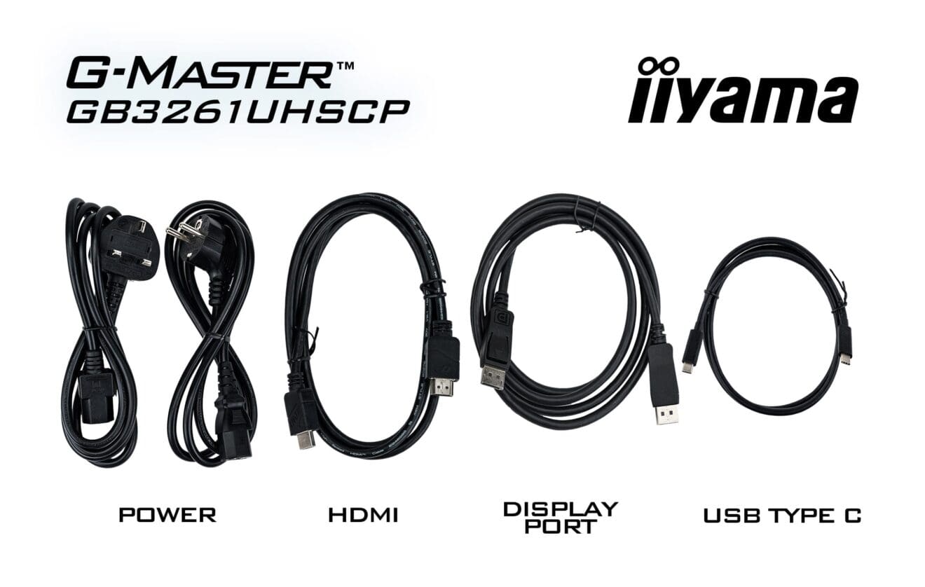 Zdjęcie przedstawia zestaw kabli dołączonych do monitora iiyama G Master zasilający, HDMI, DisplayPort oraz USB Type C
