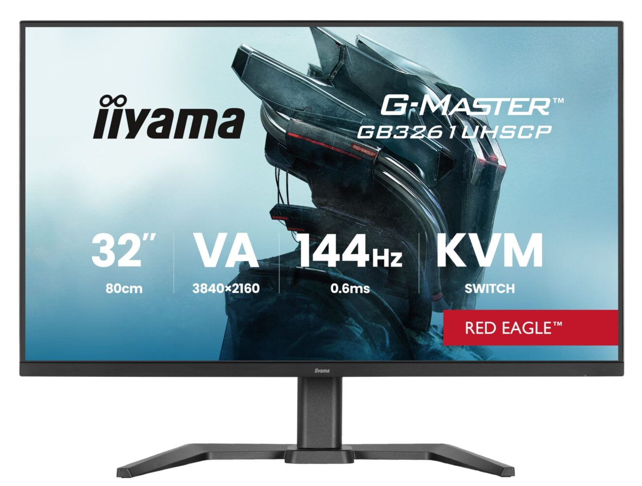 Zdjęcie pokazuje front monitora iiyama G Master z ekranem 32 cali, rozdzielczością 3840x2160, częstotliwością odświeżania 144 Hz oraz czasem reakcji 0,6 ms