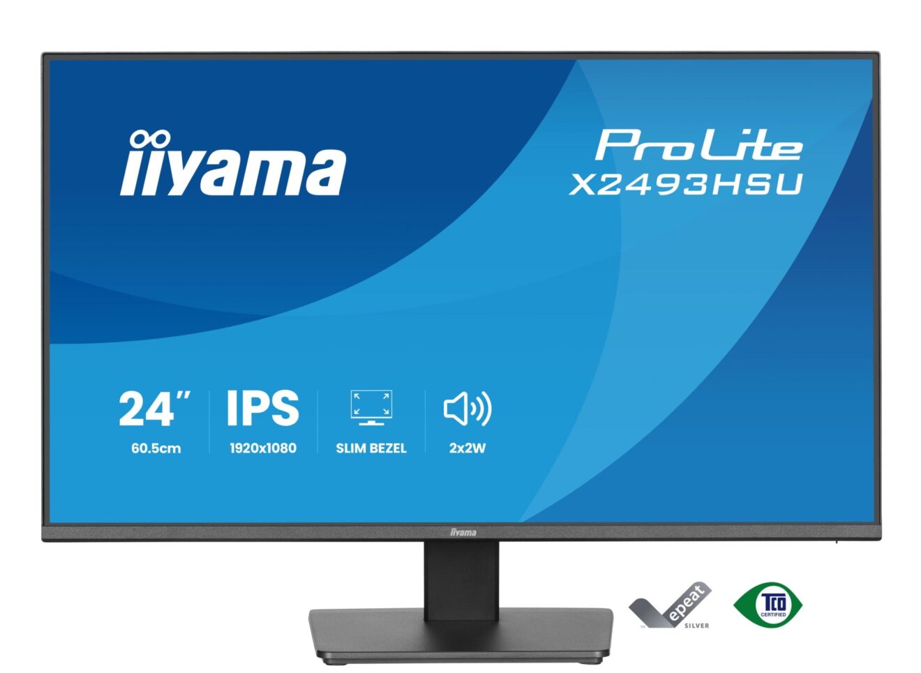 Monitor 24 cale IPS Full HD 120 Hz cienka ramka Zdjęcie przedstawia monitor marki iiyama ProLite X2493HSU z przodu wyświetlający jego podstawowe parametry techniczne
