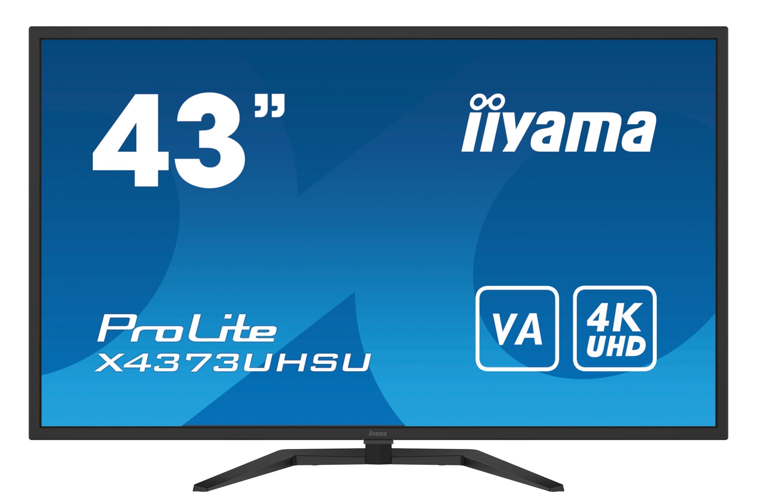Zdjęcie prezentuje przód monitora z ekranem wyświetlającym rozmiar 43 cale, logo iiyama oraz informacje o rozdzielczości 4K UHD i technologii VA