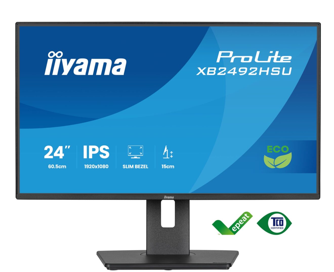Zdjęcie pokazuje front monitora iiyama ProLite XB2492HSU z ekranem 24 cala i informacjami o rozdzielczości oraz technologii IPS
