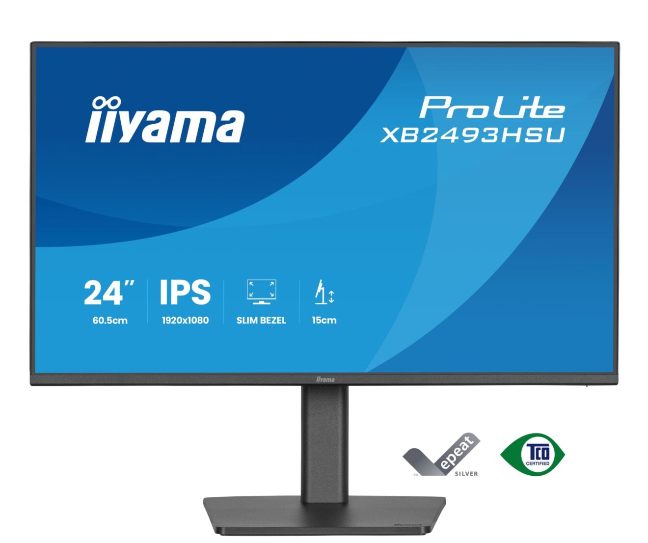 Zdjęcie przedstawia monitor marki iiyama ProLite XB2493HSU z przodu, wyświetlający jego podstawowe parametry, takie jak 24 calowy ekran IPS o rozdzielczości 1920x1080