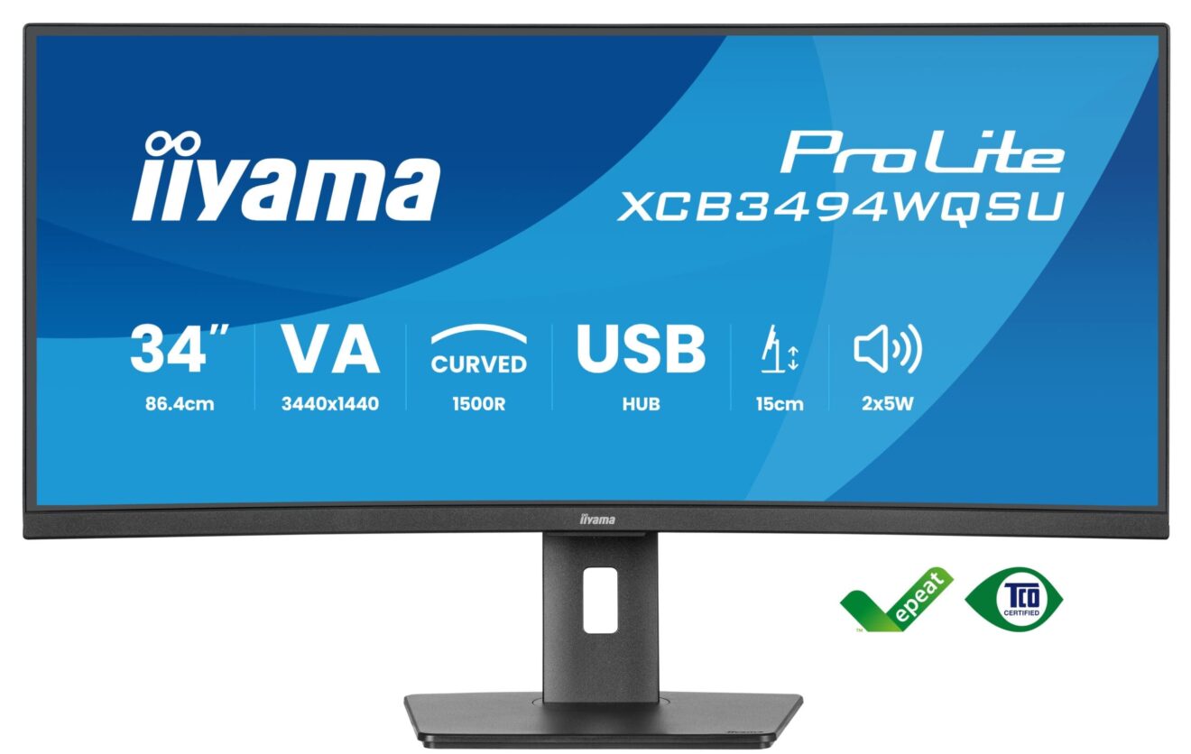 Zdjęcie przedstawia monitor marki iiyama z serii ProLite, model XCB3494WQSU, z parametrami technicznymi