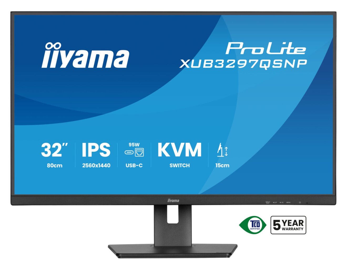 Zdjęcie to frontowy widok monitora z widocznym ekranem, na którym znajdują się informacje o parametrach technicznych, takich jak rozmiar 32 cale, rozdzielczość 2560x1440, porty USB-C oraz KVM switch