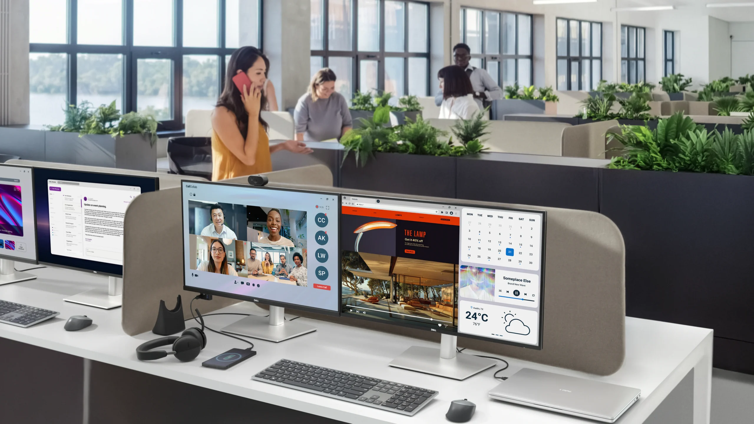 Przedstawiono biuro, na którym w jednym z biurek, jest postawiony monitor Dell