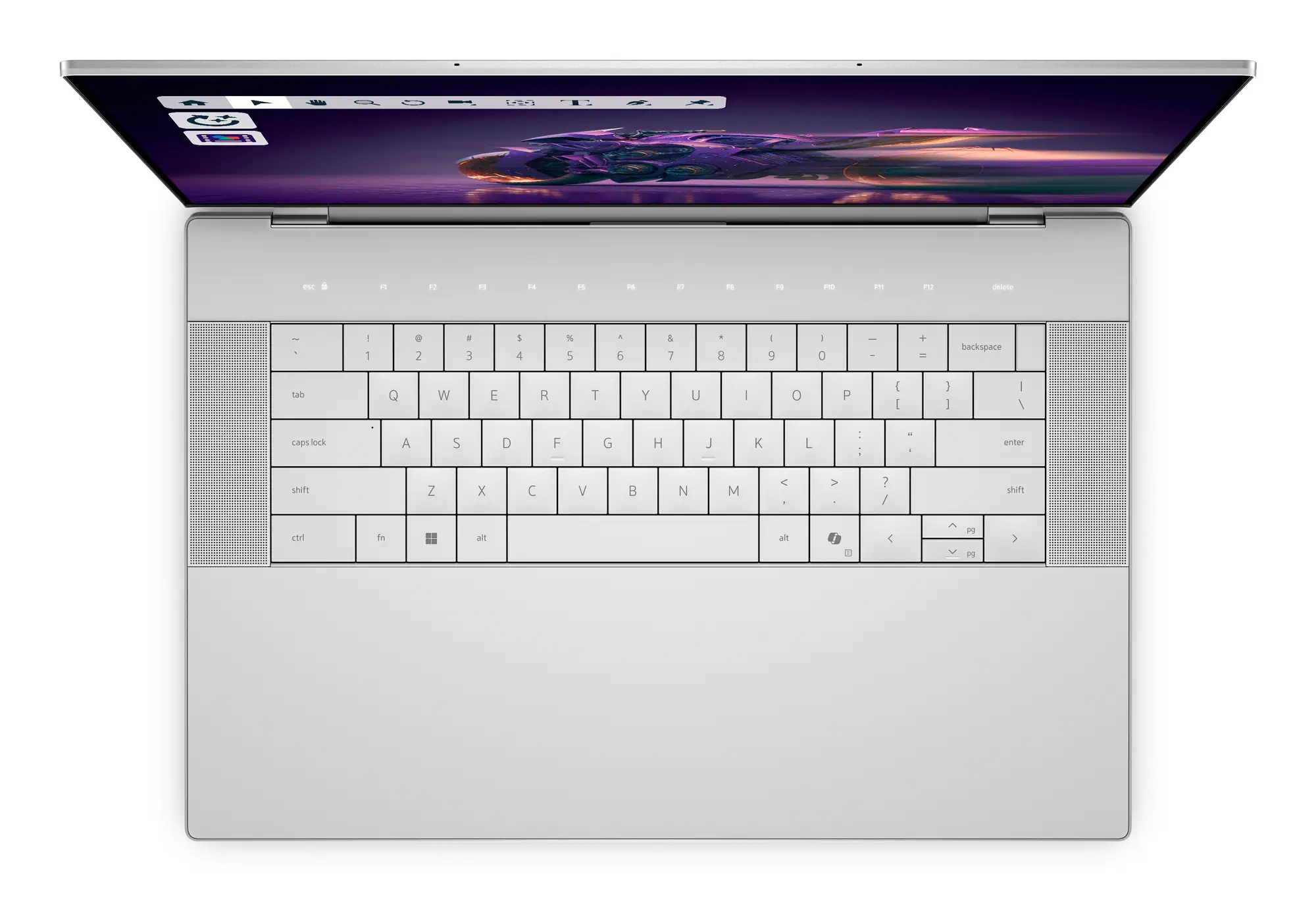 Na grafice widać otwartego srebrnego laptopa widzianego od góry