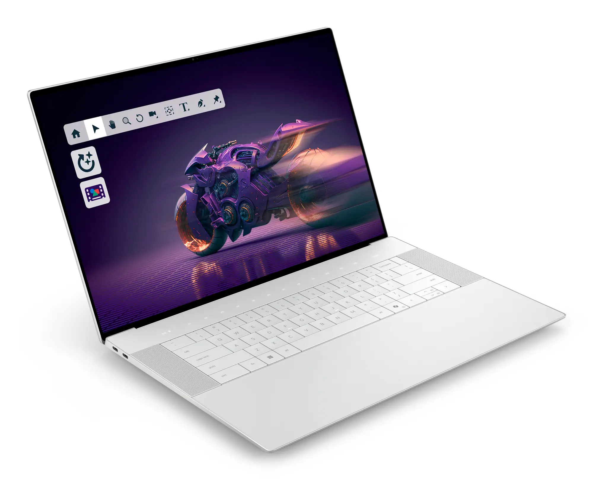 Grafika ukazuje otwartego srebrnego laptopa widzianego pod kątem