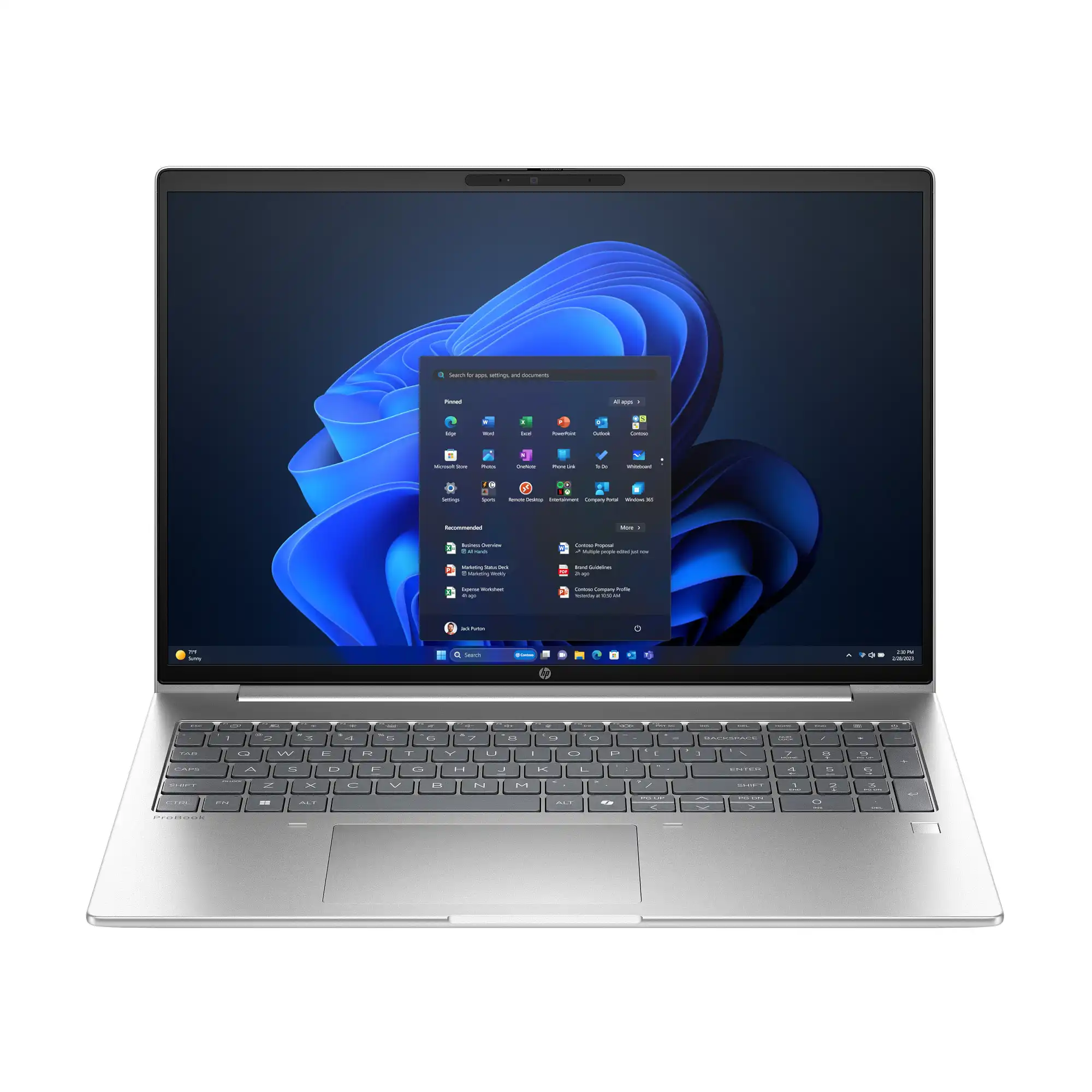 Otwarty srebrny ProBook 4 stojący przodem, na białym tle. Na ekranie widoczny jest interfejs systemu Windows 11