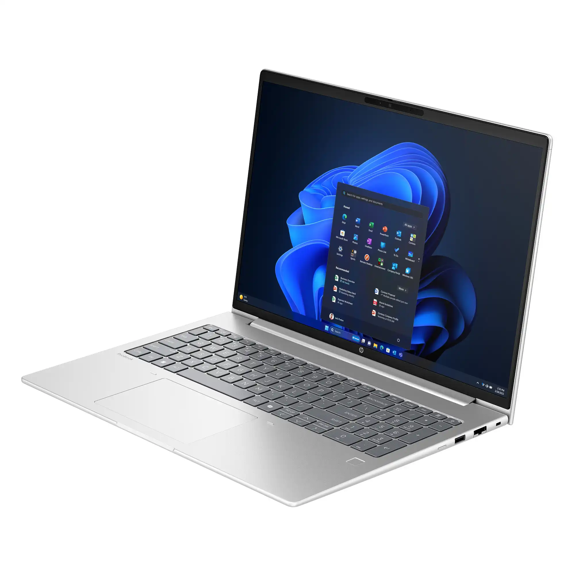 Otwarty srebrny ProBook 4 ustawiony w lewą stronę, na ekranie widoczny jest interfejs systemu Windows 11
