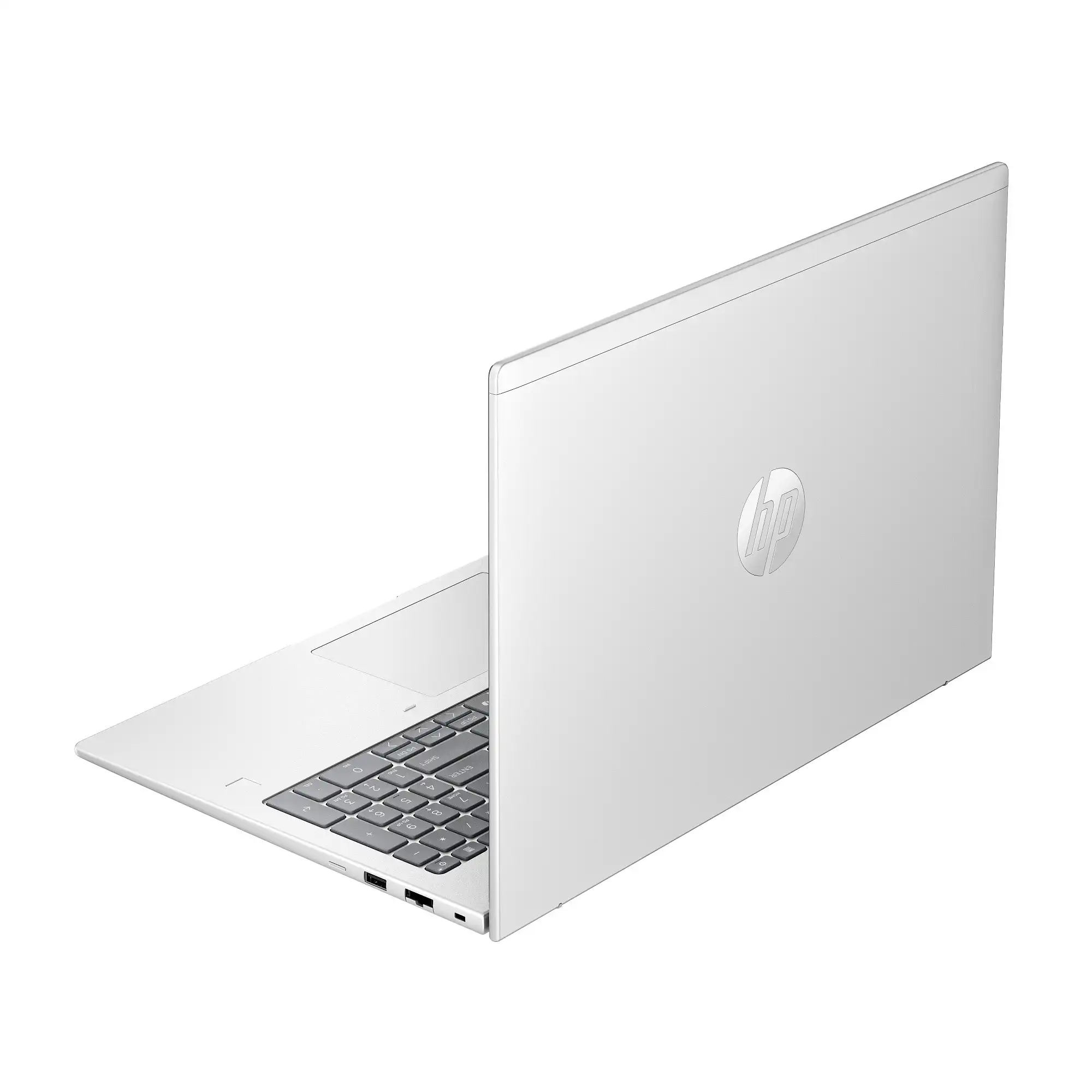 Otwarty ProBook 4 ustawiony tyłem. Widoczna jest część klawiatury oraz srebrne logo HP na pokrywie laptopa