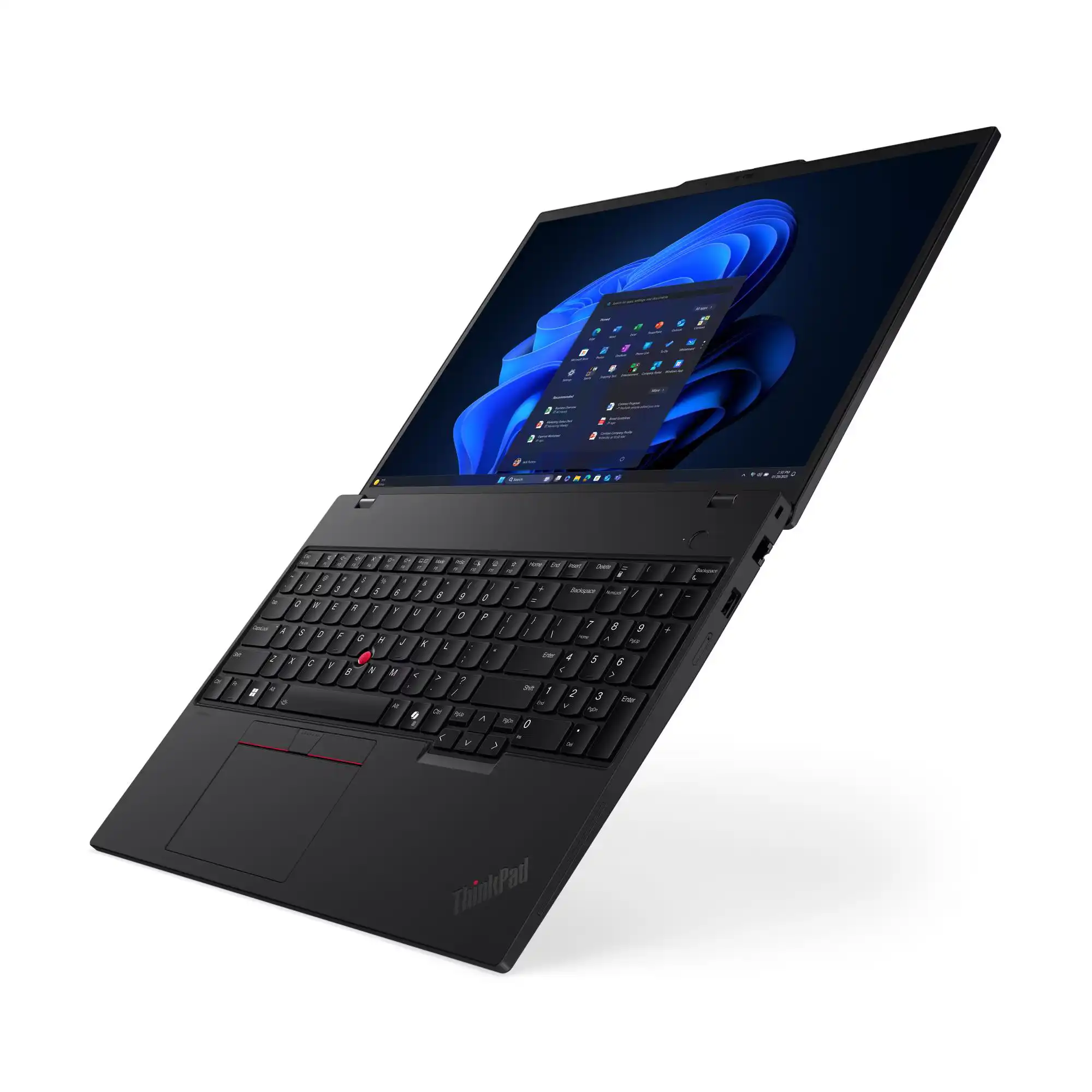 Czarny laptop Lenovo ThinkPad otwarty na płasko, widziany z boku, pod kątem, z widocznymi portami po jednej stronie oraz ekranem wyświetlającym interfejs systemu Windows 11