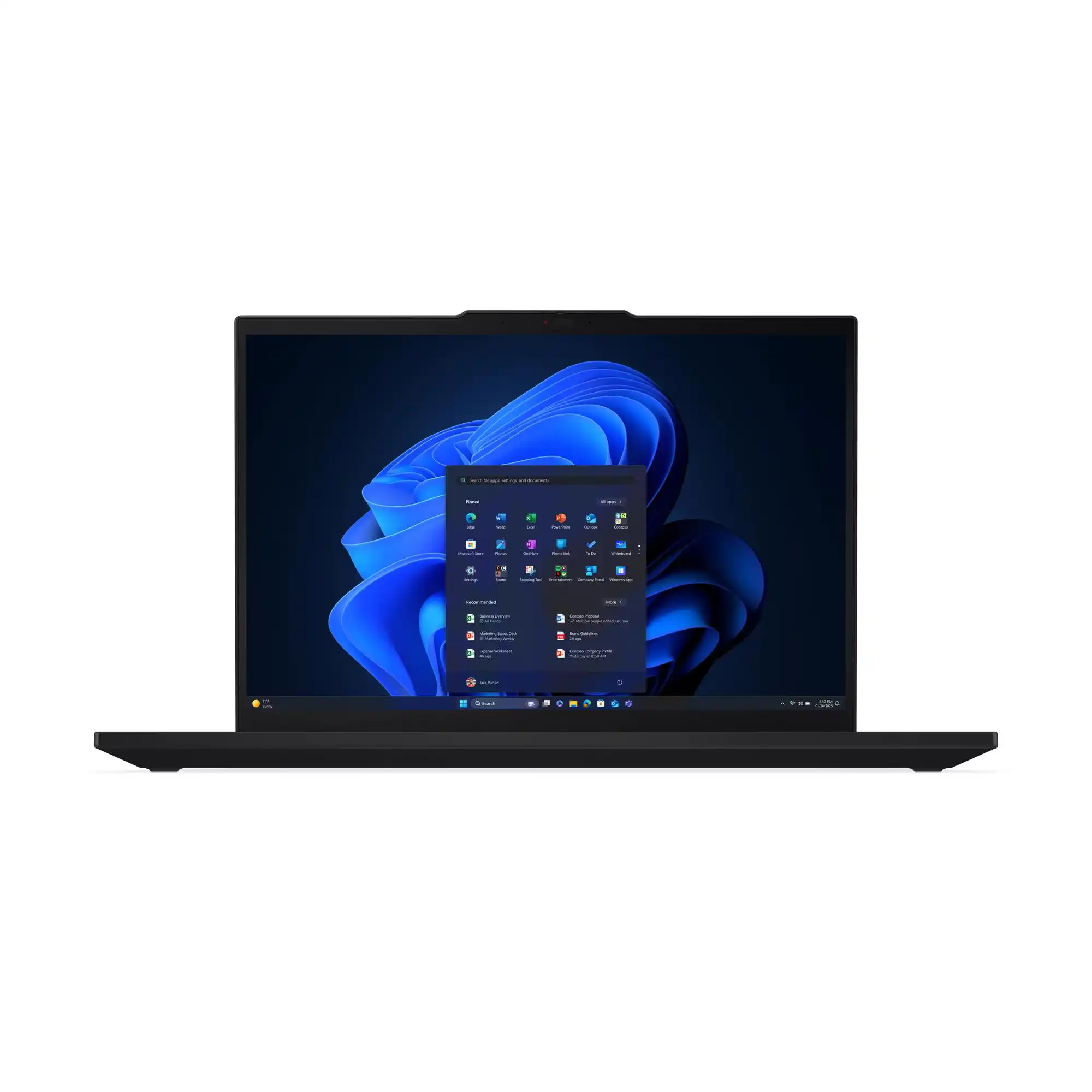 Laptop z otwartą pokrywą, wyświetlający ekran startowy systemu Windows 11 z menu Start i aplikacjami