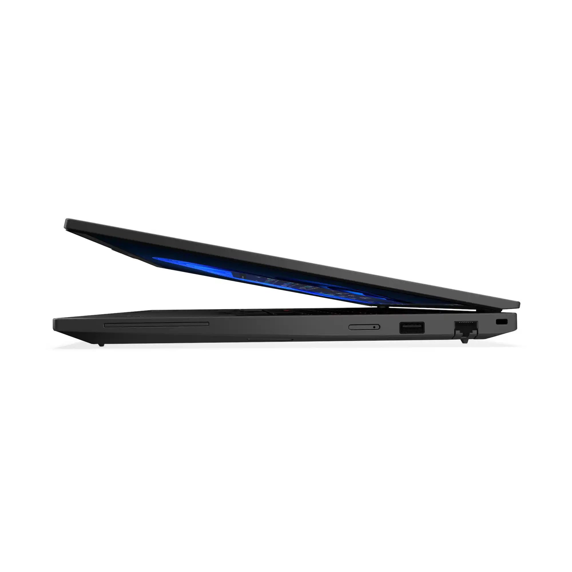 Laptop ThinkPad w kolorze czarnym, widok z boku z przymkniętą pokrywą