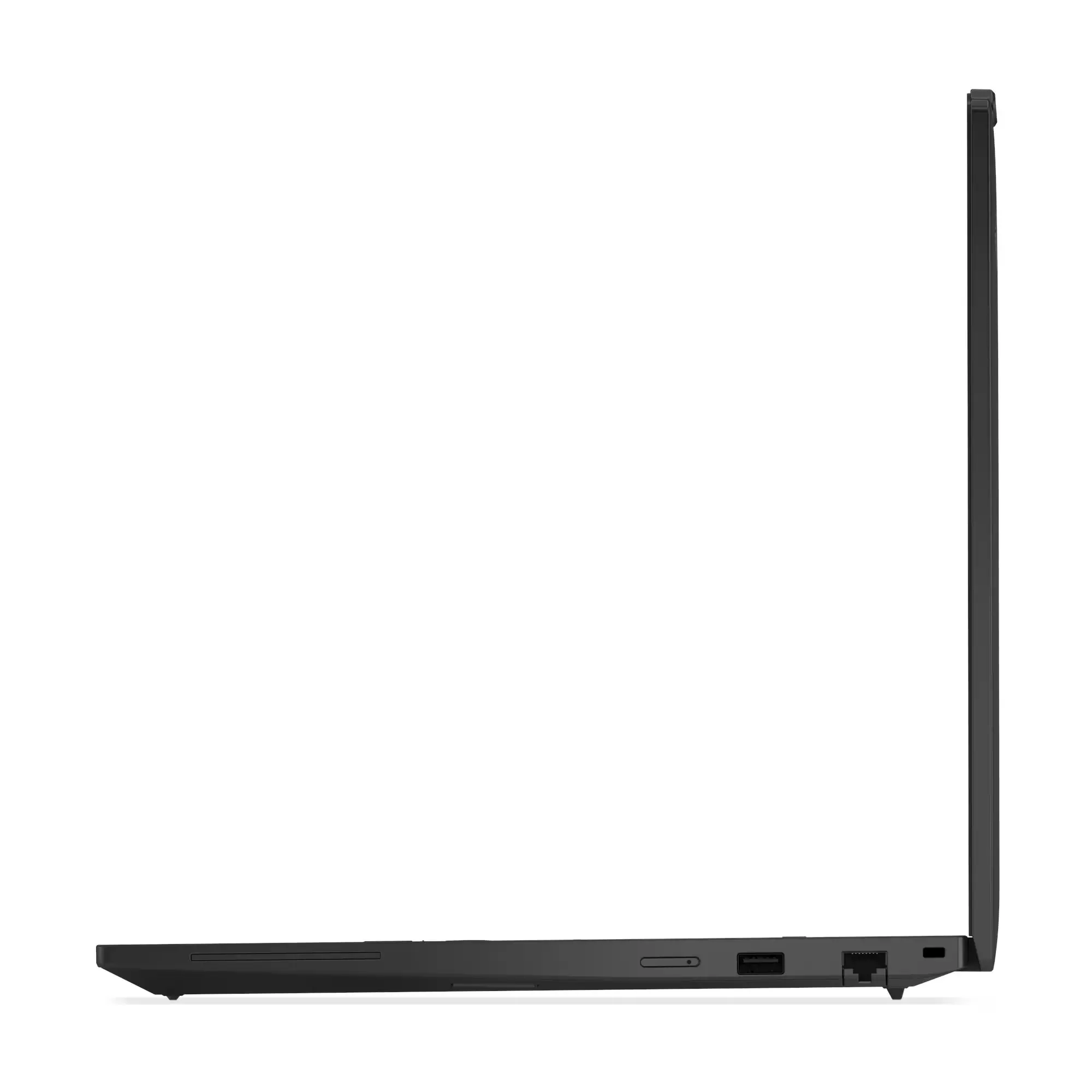 Laptop Lenovo ThinkPad T16 G4 21QE004VPB 1TB dyskiem SSD z procesorem Intel Core Ultra 7 255U, o 16-calowym ekranie WUXGA i z 32GB RAM Grafika pokazuje bok czarnego otwartego laptopa