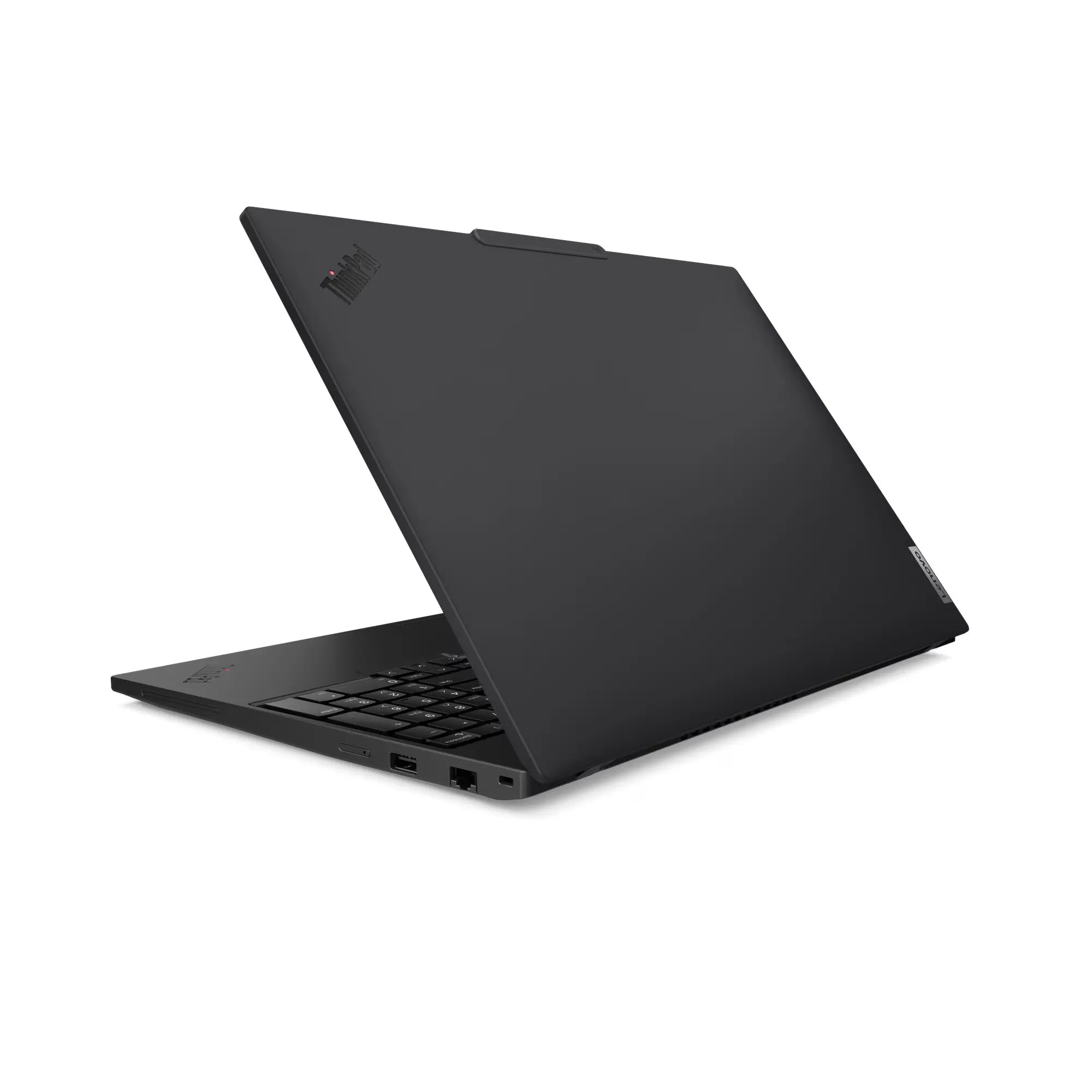 Laptop Lenovo ThinkPad T16 G4 21QE004VPB o 16-calowym ekranie WUXGA z 32GB RAM, z procesorem Intel Core Ultra 7 255U i 1TB dyskiem SSD Na grafice widać czarnego otwartego laptopa widzianego od tyłu