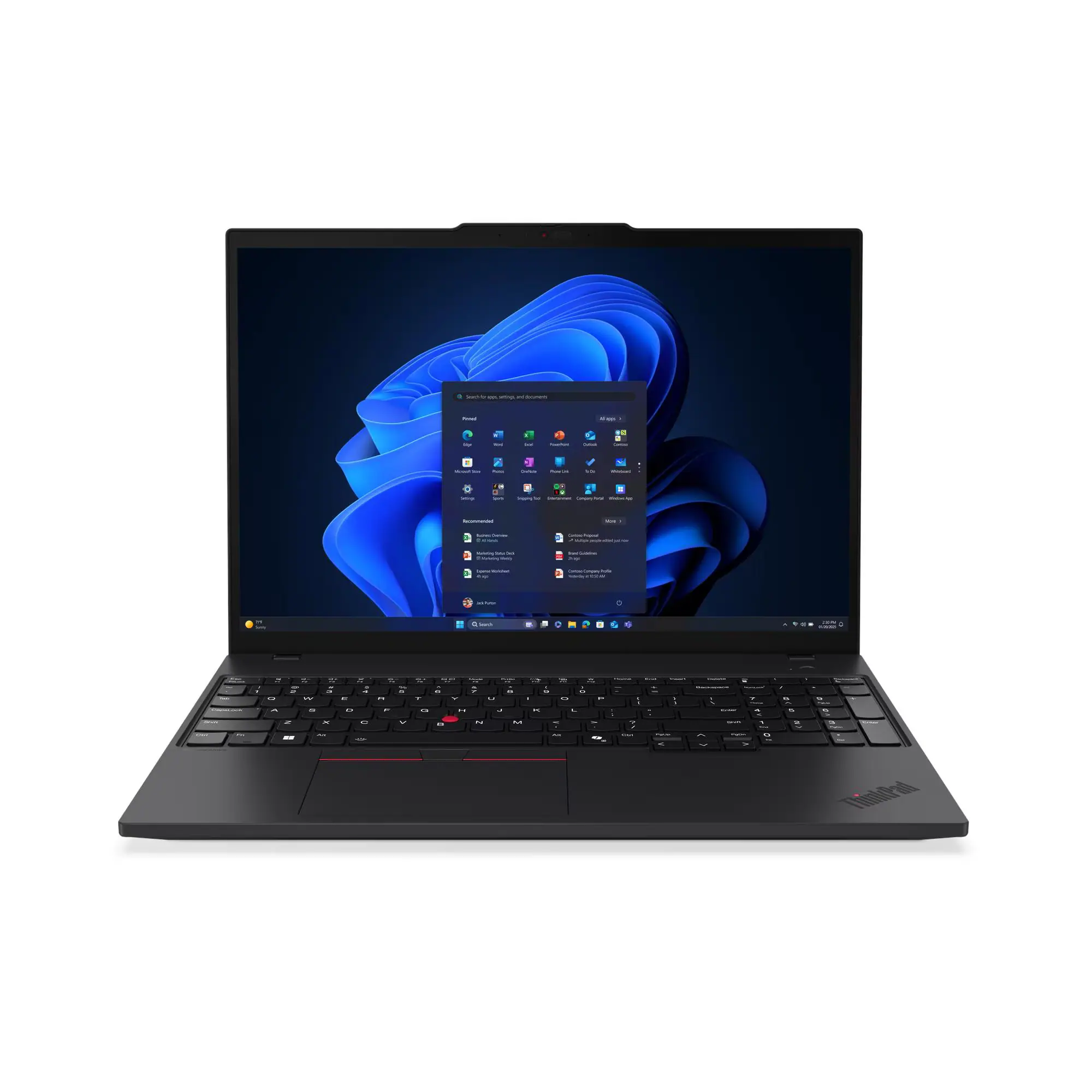 Laptop Lenovo ThinkPad T16 G4 21QE004VPB o 16-calowym ekranie WUXGA z procesorem Intel Core Ultra 7 255U, 1TB dyskiem SSD i z 32GB RAM Na zdjęciu widać czarnego otwartego laptopa